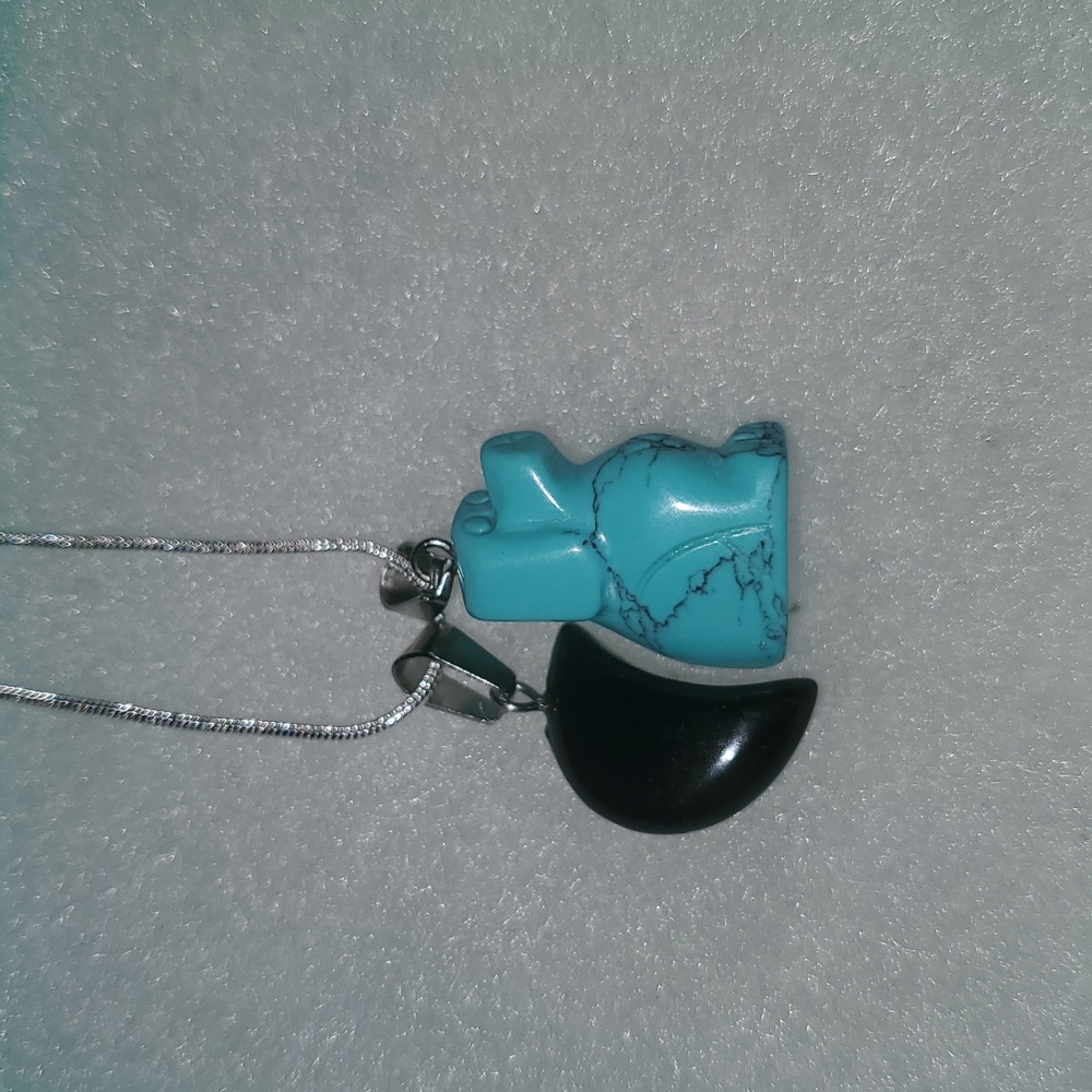 Boho Hippie Turquoise Dog and Onyx Star Sterling Silver Necklace 16”